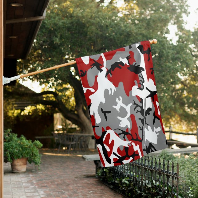 Red and Gray Camouflage, Military, Army House Flag (In SItu)