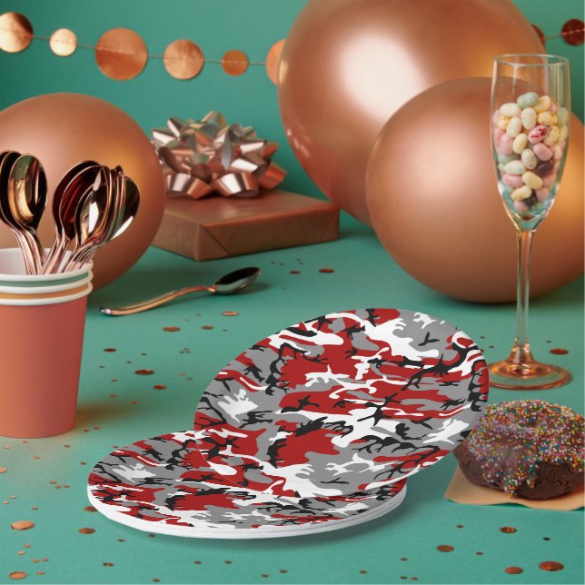 Red and Gray Camouflage, Military, Army Paper Plates (Multi)