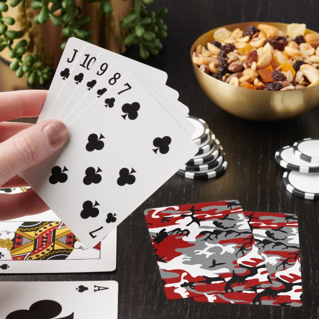 Red and Gray Camouflage, Military, Army Poker Cards (In Situ)