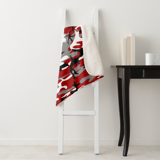 Red and Gray Camouflage, Military, Army Sherpa Blanket (In Situ)