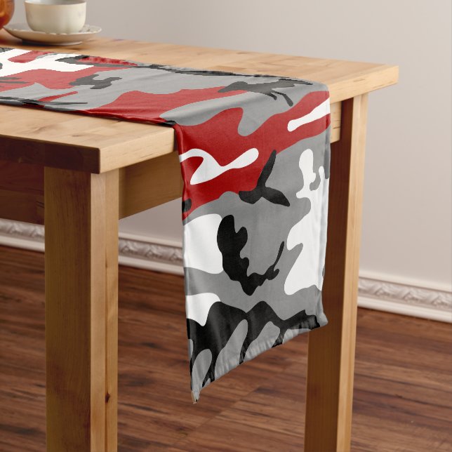 Red and Gray Camouflage, Military, Army Short Table Runner (In Situ)