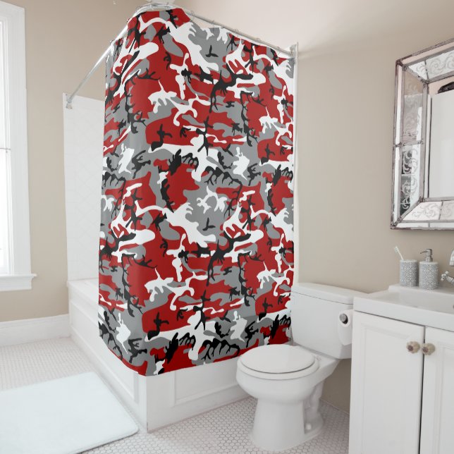 Red and Gray Camouflage, Military, Army Shower Curtain (In Situ)