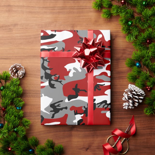 Red and Gray Camouflage, Military, Army Wrapping Paper (Holiday Gift)