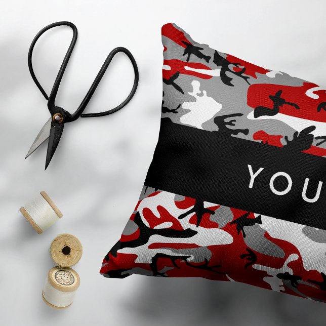 Red and Gray Camouflage Your name Personalize Accent Pillow (Creator Uploaded)