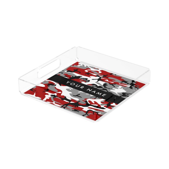 Red and Gray Camouflage Your name Personalize Acrylic Tray (Angled)