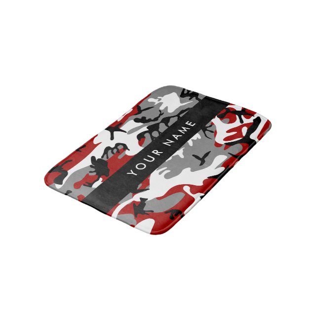 Red and Gray Camouflage Your name Personalize Bath Mat (Angled)