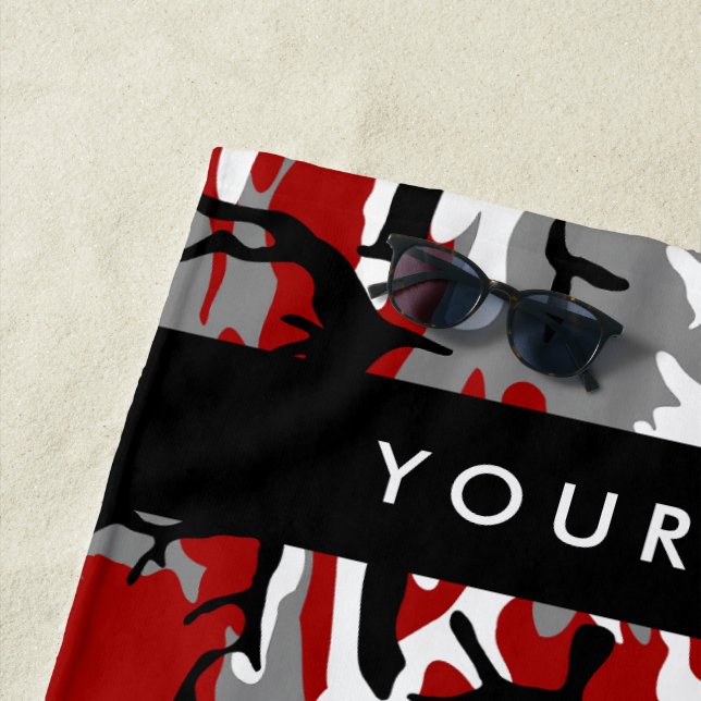 Red and Gray Camouflage Your name Personalize Beach Towel (In Situ)
