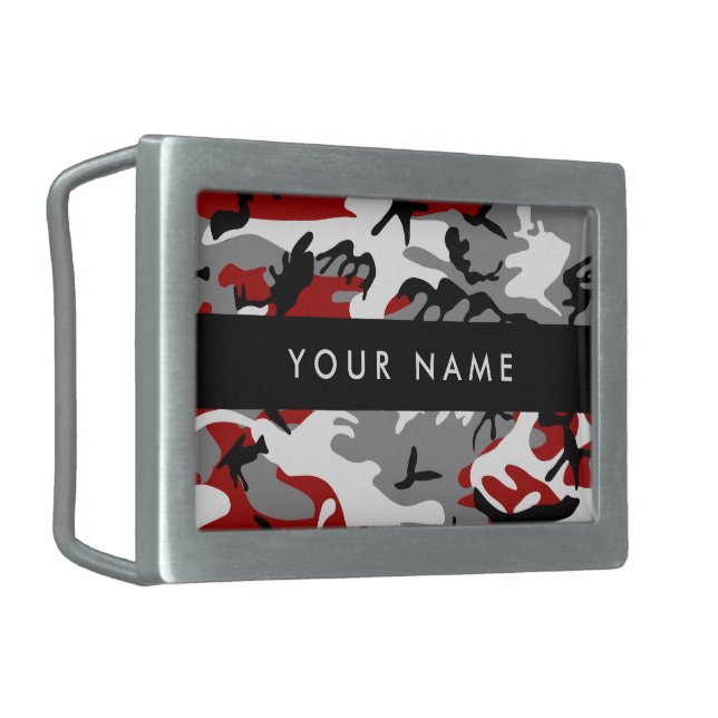 Red and Gray Camouflage Your name Personalize Belt Buckle (Front Left)
