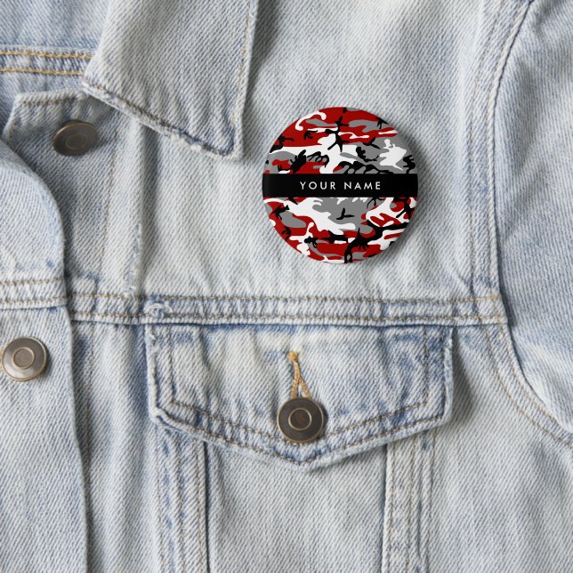 Red and Gray Camouflage Your name Personalize Button (In Situ)