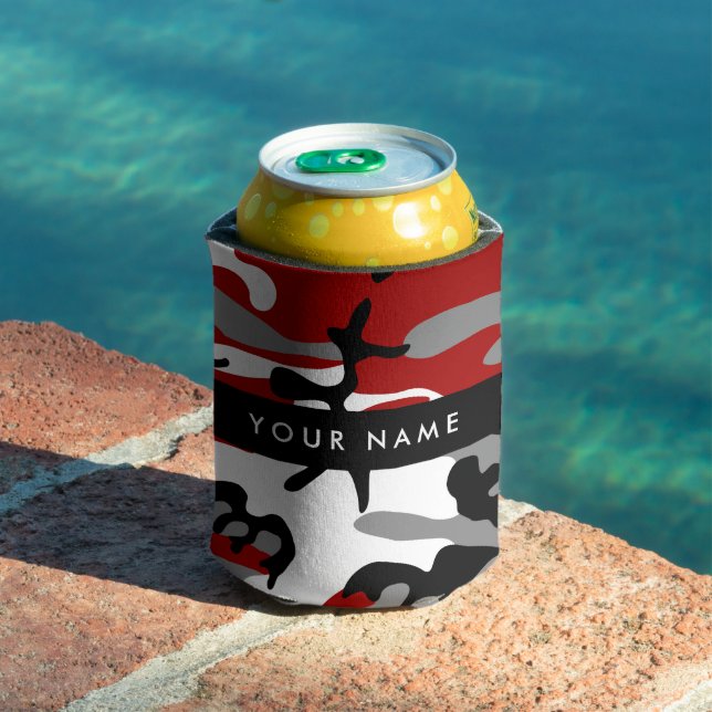 Red and Gray Camouflage Your name Personalize Can Cooler (In Situ Pool)