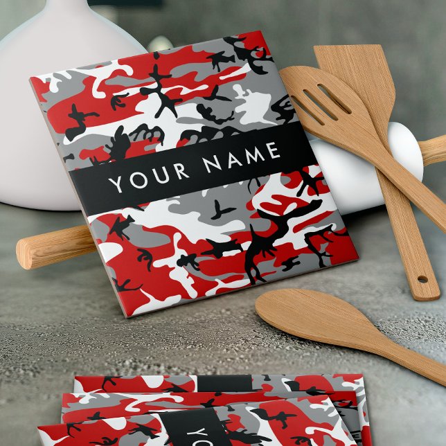 Red and Gray Camouflage Your name Personalize Ceramic Tile (Creator Uploaded)