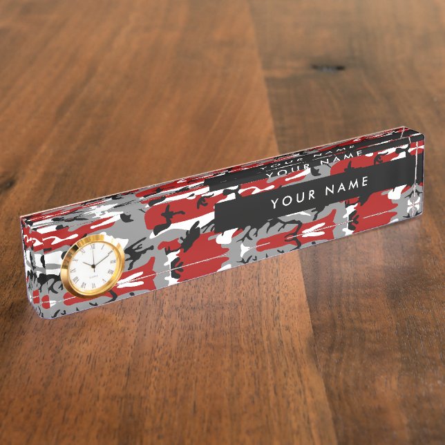 Red and Gray Camouflage Your name Personalize Desk Name Plate (Side)