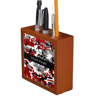 Red and Gray Camouflage Your name Personalize Desk Organizer