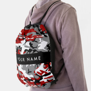 Red and Gray Camouflage Your name Personalize Drawstring Bag