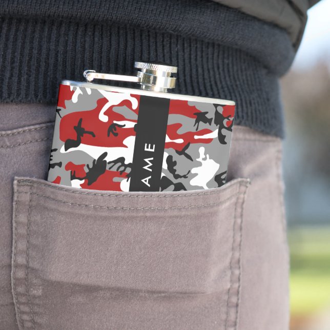 Red and Gray Camouflage Your name Personalize Flask (In Situ)