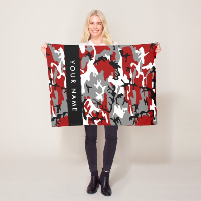 Red and Gray Camouflage Your name Personalize Fleece Blanket (In Situ)