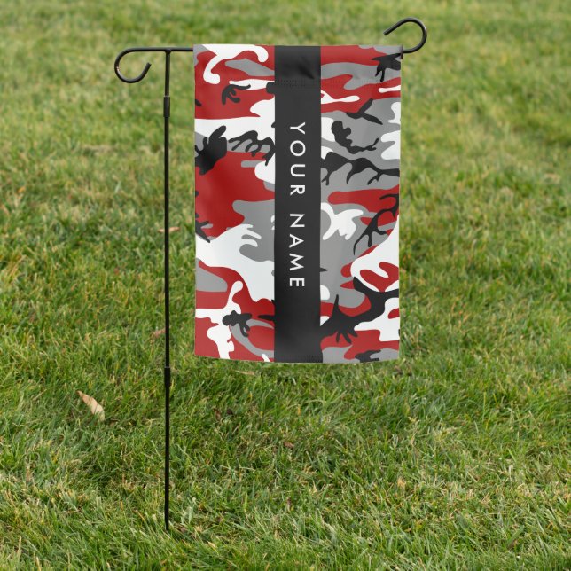 Red and Gray Camouflage Your name Personalize Garden Flag (In SItu)