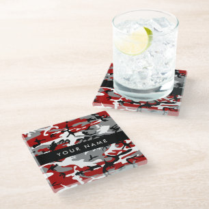 Red and Gray Camouflage Your name Personalize Glass Coaster