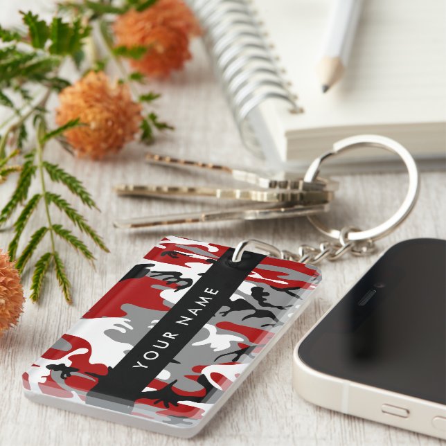 Red and Gray Camouflage Your name Personalize Keychain (Front Right)