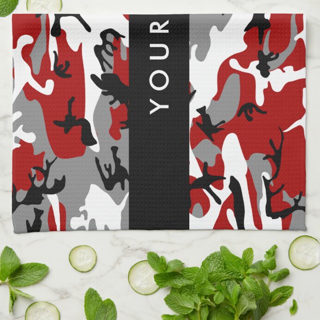 Red and Gray Camouflage Your name Personalize Kitchen Towel (Folded)