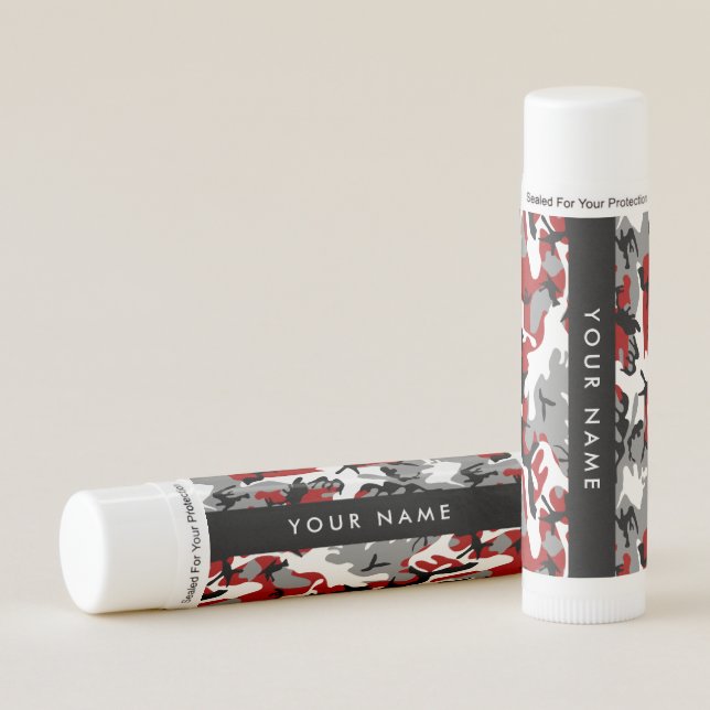 Red and Gray Camouflage Your name Personalize Lip Balm (Front)