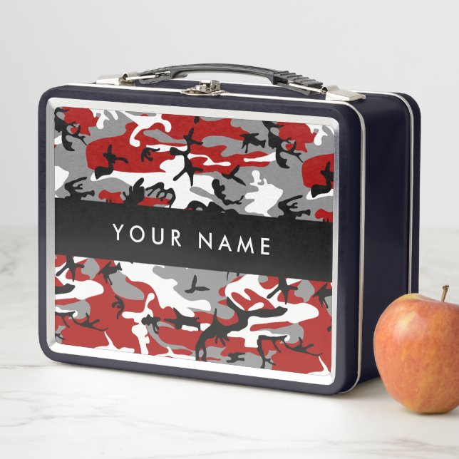 Red and Gray Camouflage Your name Personalize Metal Lunch Box (In Situ)