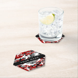 Red and Gray Camouflage Your name Personalize Paper Coaster