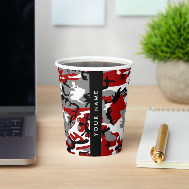 Red and Gray Camouflage Your name Personalize Paper Cups (Insitu)