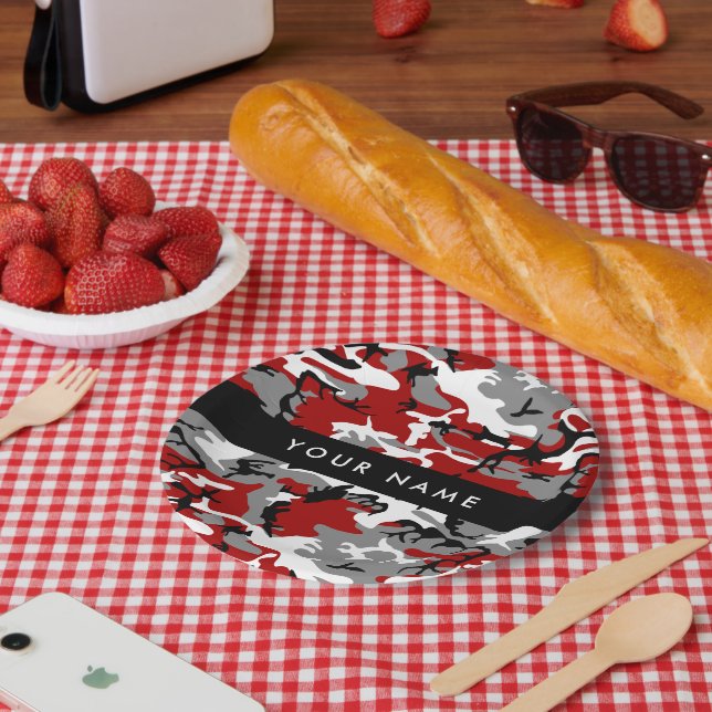 Red and Gray Camouflage Your name Personalize Paper Plates (Picnic)