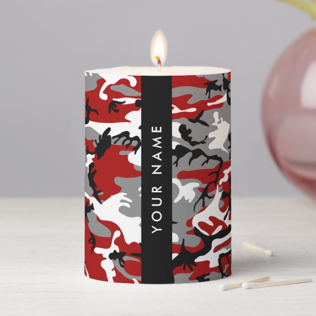 Red and Gray Camouflage Your name Personalize Pillar Candle (In Situ)