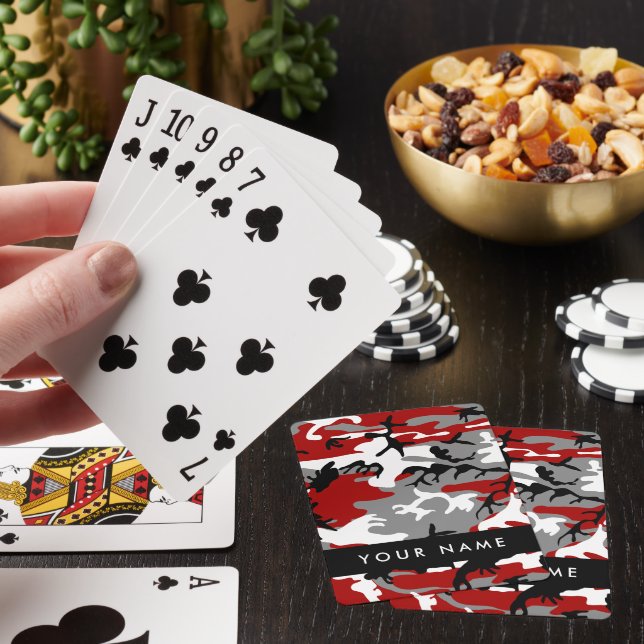 Red and Gray Camouflage Your name Personalize Poker Cards (In Situ)