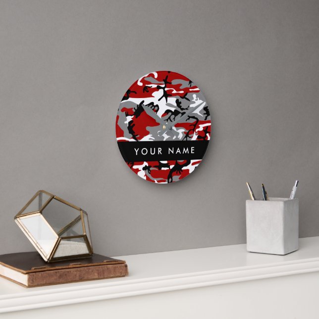 Red and Gray Camouflage Your name Personalize Round Clock (Office)