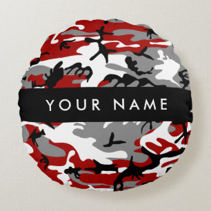 Red and Gray Camouflage Your name Personalize Round Pillow