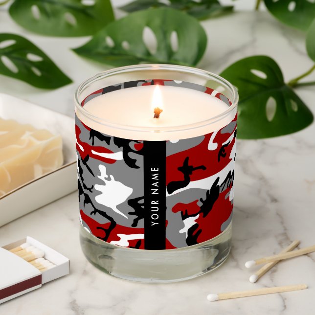 Red and Gray Camouflage Your name Personalize Scented Candle (Lit)