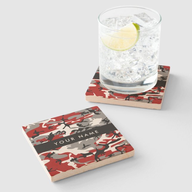 Red and Gray Camouflage Your name Personalize Stone Coaster (Side)