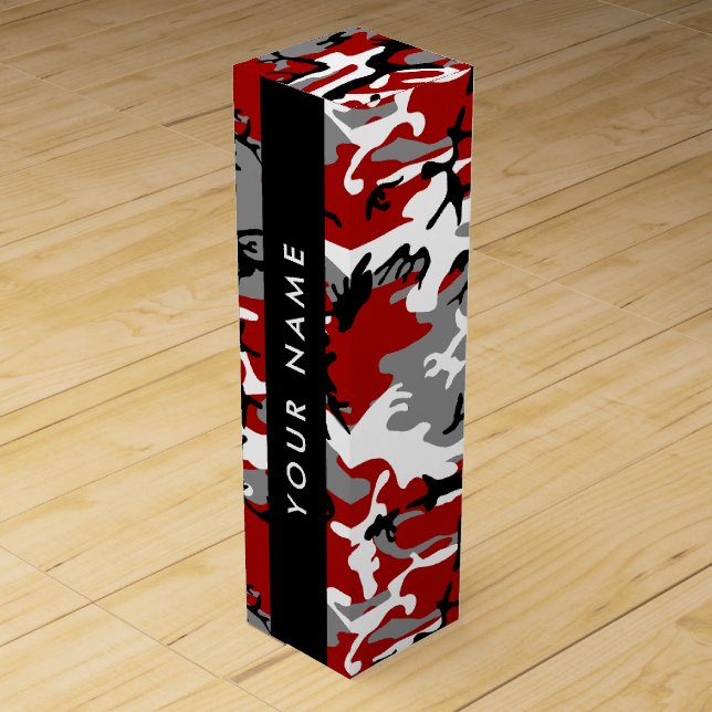 Red and Gray Camouflage Your name Personalize Wine Box (Front)