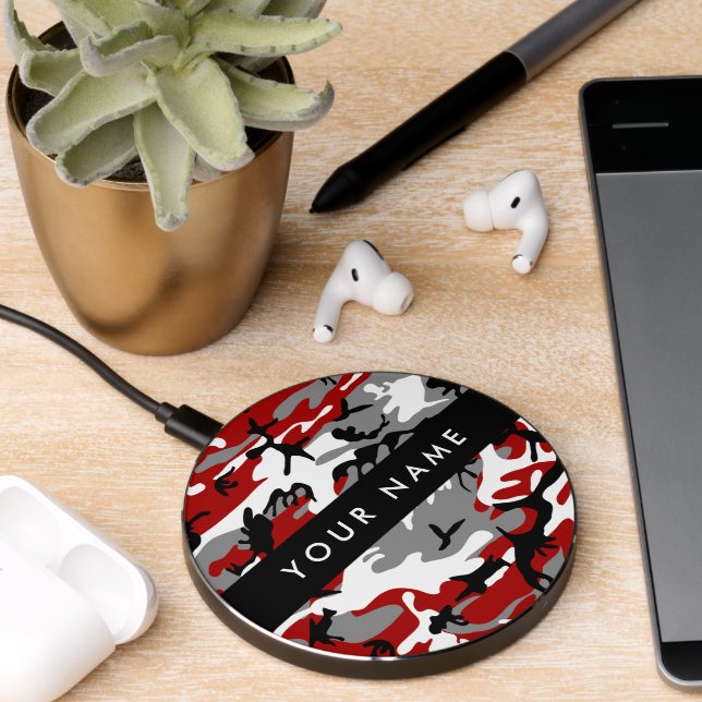 Red and Gray Camouflage Your name Personalize Wireless Charger (Desk 2)
