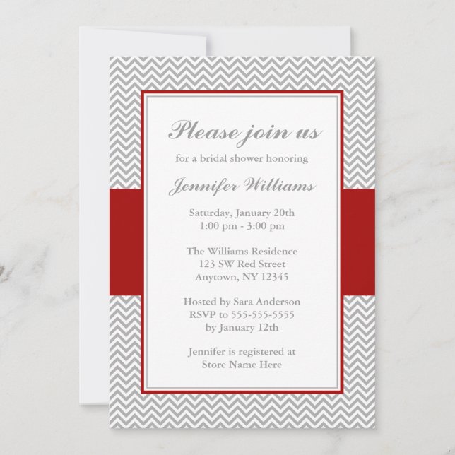 Red and Gray Chevron Bridal Shower Invitation (Front)