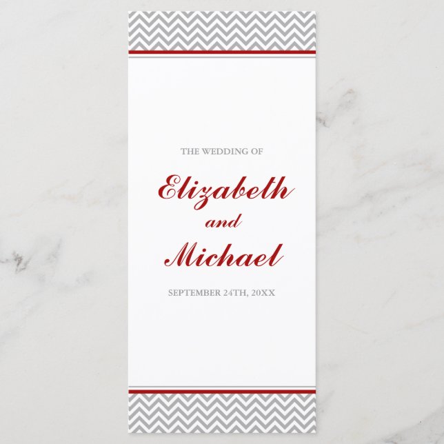 Red and Gray Chevron Wedding Program (Front)