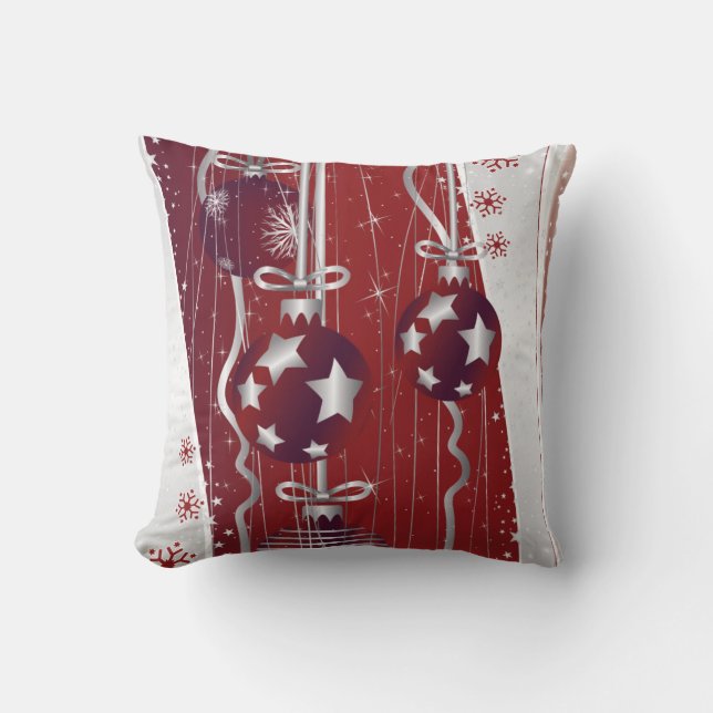 Red and gray Christmas balls stars and snowflakes Throw Pillow (Front)