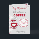 Red and gray Coffee & Friends Birthday Card<br><div class="desc">Personalize this Birthday greeting card with a name and change the other text if you prefer.
Designed in red and gray with a coffee cup,  polka dots and love hearts.
Treat your best friend to a coffee.</div>