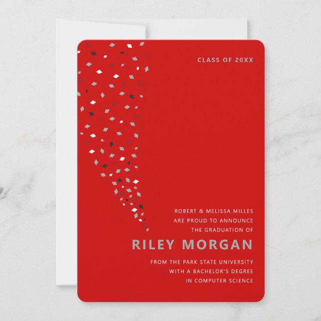 Red and gray confetti graduation announcement (Front)