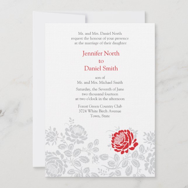 Red And Gray Damask Wedding Invitations (Front)