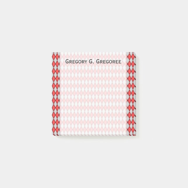 Red and Gray Diamond Shape Pattern + Custom Name Post-it Notes (Front)