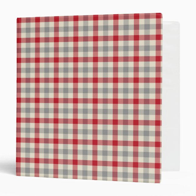Red and gray farm style plaid 3 ring binder (Front/Inside)