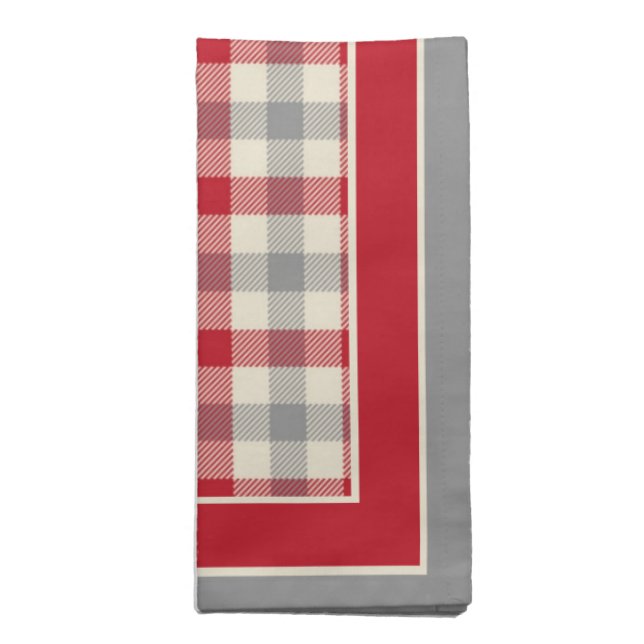 Red and gray farm style plaid cloth napkin (Folded)