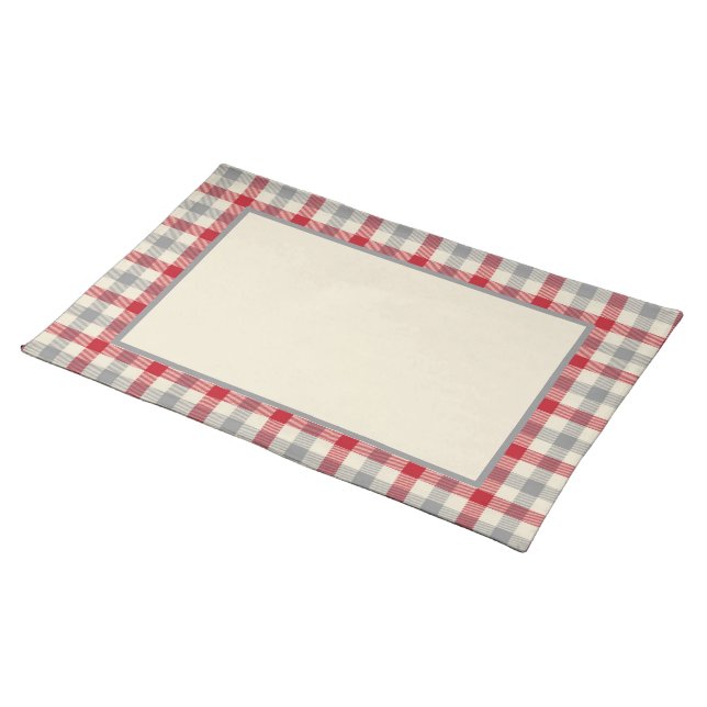 Red and gray farm style plaid cloth placemat (On Table)