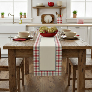 Red and gray farm style plaid medium table runner