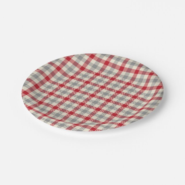 Red and gray farm style plaid paper plates (Angled)