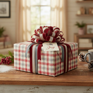 Red and gray farm style plaid wrapping paper